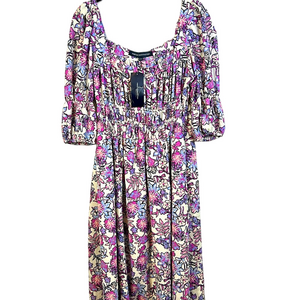 French Connection Pink and White Lined Floral Smocked Midi Dress Size 12 New